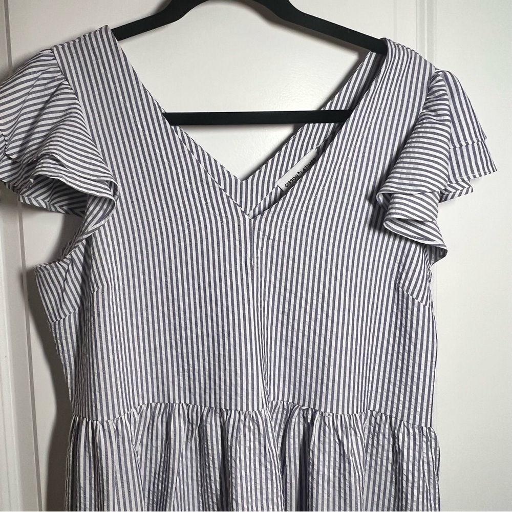 Gibson Latimer Woman Size S Seersucker Dress Tiered Hem Fluttered Sleeves Boho - Picture 3 of 11